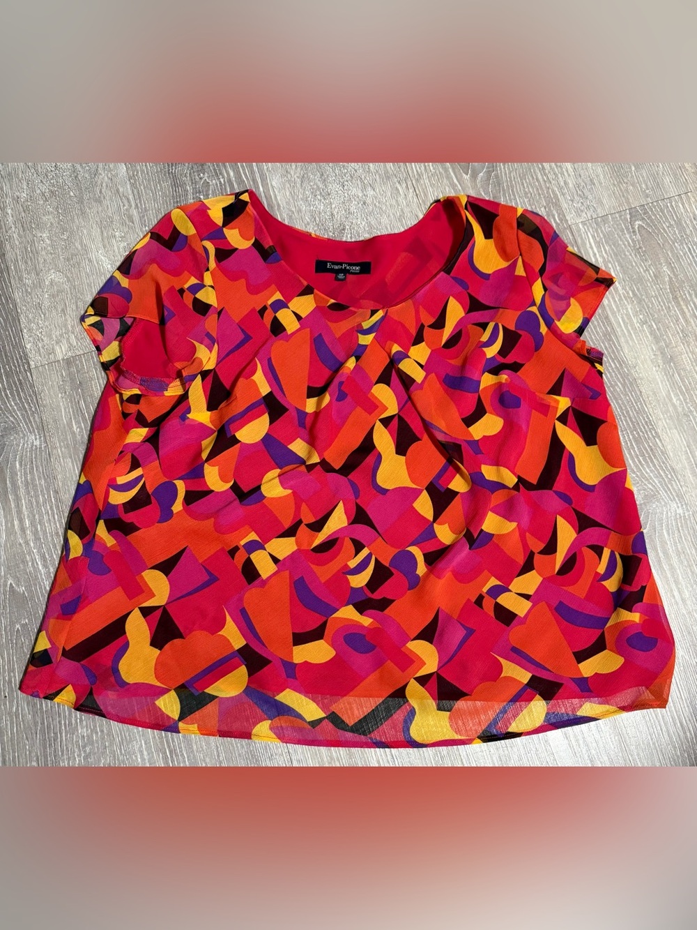 Evan-Picone Bold Geometric Scoop Neck Blouse - Red, Pink, Orange, Yellow, Purple